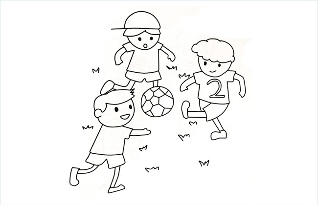 下面是一幅三个小孩踢足球的简笔画图片,喜欢的小朋友可以试着画一画