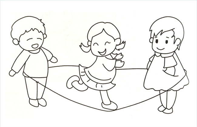 下面是一幅3个小孩在玩跳绳游戏的简笔画图片,小朋友你能画出来吗?