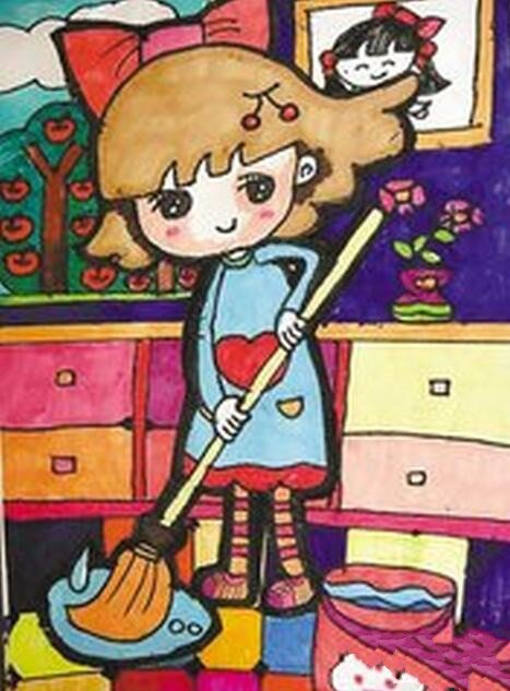五一劳动节儿童绘画作品之打扫卫生的小女孩 标签: 劳动节儿童画