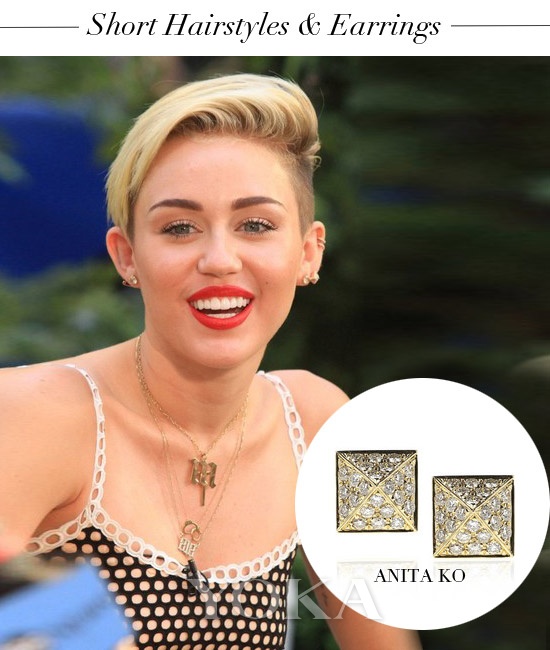 点击大图看下一张：麦莉•赛勒斯(Miley Cyrus) 短发能搭配许多款式的耳环，简单的耳钉尤其适合，在发间散发迷人光芒。并且与服饰也十分百搭。