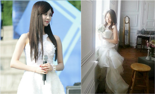 点击大图看下一张：韩式新娘发型之自然波浪卷，代表人物：林允儿(少女时代)、徐贤(少女时代)，发型关键词：波浪卷、染发、蓬松，适合新娘类型：长发、清纯或温婉风格的新娘。