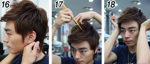 点击大图看下一张：16：整理颈部的发线。17：用尖尾梳挑出线条的纹路，以达到完美的线条。18：用掌心按轻轻按压两侧头发。