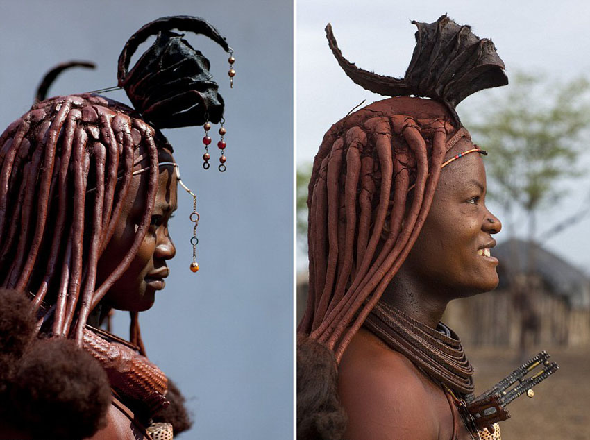 点击大图看下一张：与男性相比，希姆巴族妇女的辫子要复杂得多，也更加引人注目，上面抹有牛油和赭石颜料，整个制作过程需要几个小时。不久前，法国摄影师埃里克-拉福格造访希姆巴部落，用镜头记录下他们的奇异发型以及日常生活瞬间。