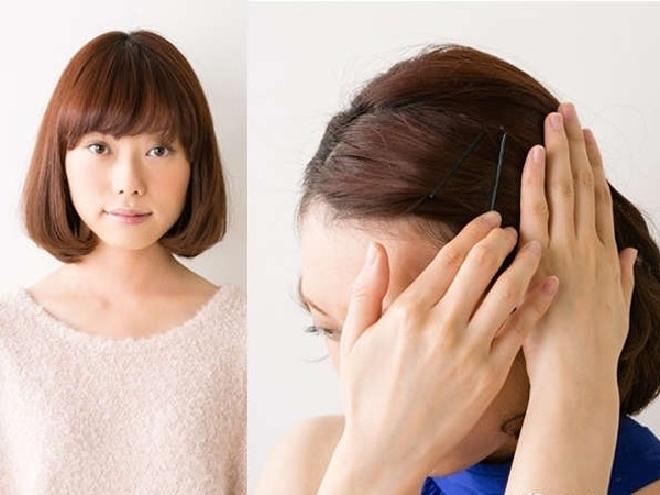 点击大图看下一张：把波波头短发梳整齐，把两边头发别在耳际，用别针固定好。