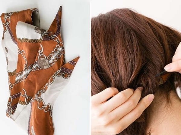 点击大图看下一张：准备好发巾，绑在额前，并打蝴蝶结， 把后面的头发扭成一股用别针固定好。