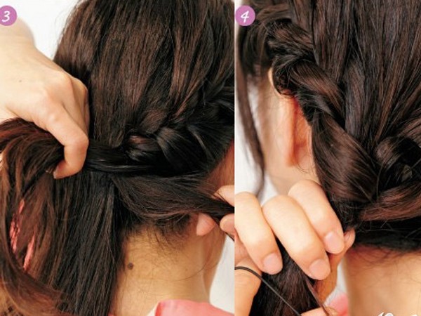 点击大图看下一张：step3：再取出另外一侧的头发编成三股辫。step4：最后将所有的头发绑在一起，穿插成内扣马尾就可以了。