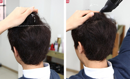 点击大图看下一张：4、头顶后面的头发用手捏拿起部分，使用吹风筒对着其发根来吹。