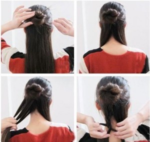 点击大图看下一张：Step2：旋转完毕后用发夹固定，把松散的头发全部固定住，再将下方随意一边的头发分成三股，编织麻花辫。
