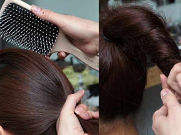 点击大图看下一张：step1：用大板梳束拢头发。step2：再扭转成发辫。