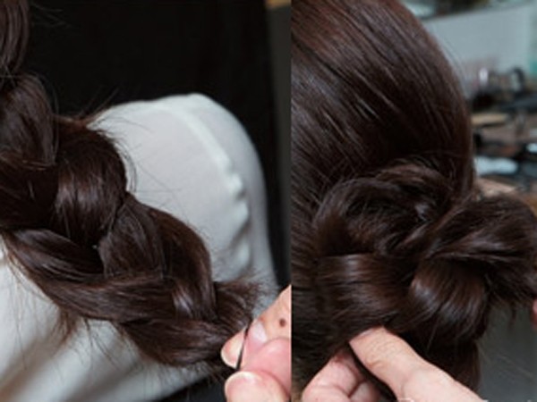 点击大图看下一张：step1：将头发编成三股辫。step2：再缠绕成花朵造型。