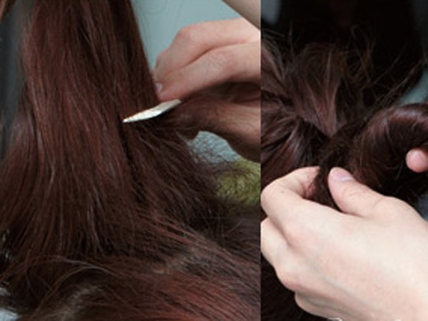 点击大图看下一张：step1：取出前额的刘海用梳子打毛。step2：将头发盘起来。