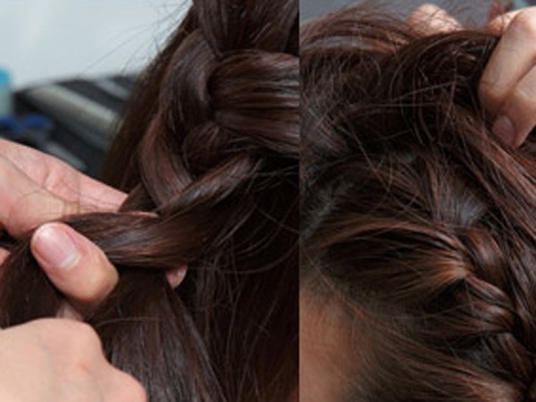 点击大图看下一张：step1：取出前额刘海开始编织三股辫。step2：将头顶的头发抓拉蓬松。