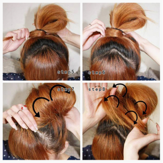 点击大图看下一张：把剩余发尾的发丝顺时针绕在马尾根部固定好。握起头发的部分向前后左右四个方向拉开。