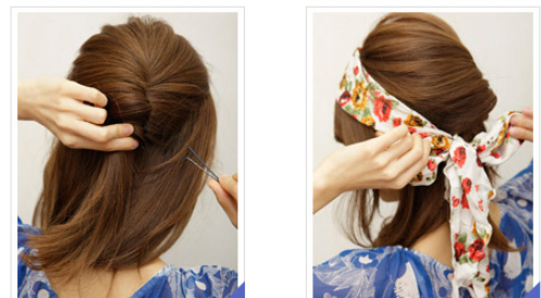 点击大图看下一张：头巾的系法图解step1：在头顶取出一束头发，顺时针扭转成发辫后用黑色发夹一一固定。step2：拿出一条长头巾，在头顶绑成蝴蝶结。