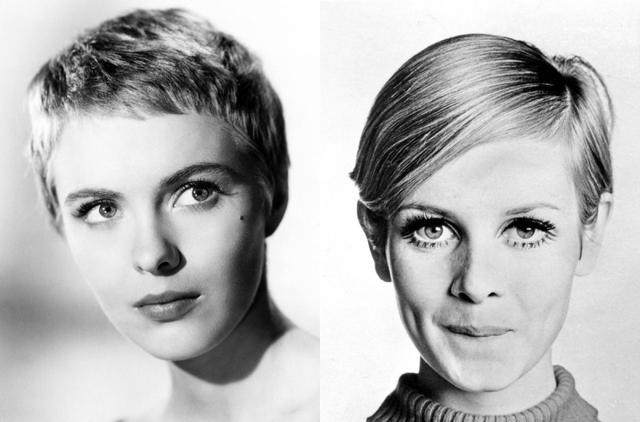 点击大图看下一张：早在30、40年代，Jean seburg（左）、twiggy（右）等欧美的演员模特们就已经开始尝试精灵短发，在当时成为轰动一时的新闻。直至今日她们的造型也还是各类复古大片的案例参考，甚至很多演员们的复古发型灵感就来自于她们。