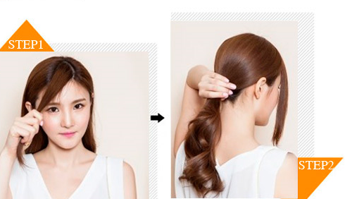 点击大图看下一张：step1：先在前额取出一束头发，留待之后用做卷发刘海。step2：再将其余的头发全部束拢。