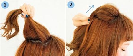 点击大图看下一张：步骤一：将头发简单梳理一遍后，如图所示，从发顶位置抽出一小束的发丝。步骤二：将这一份发束按照着顺时针的方向进行扭转处理，需要注意的是上面的发束要让它保持着蓬松的状态，方可让造型更具时尚感。