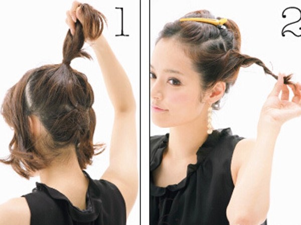 点击大图看下一张：step 1：将头发分三部分，前面头发中分，后面的头发再分成两部分，下面部分显往上编发，最后与其他的结合扎高马尾。step 2：将中分的头发分成上下两部分，扭转与马尾固定在一起