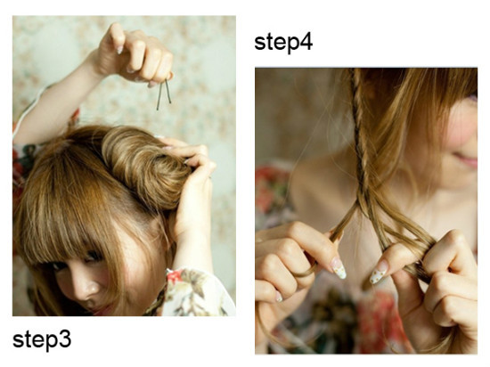 点击大图看下一张：发尾的头发卷起，如图所示，并用发卡固定，并留一束头发编成三股的麻花辫。
