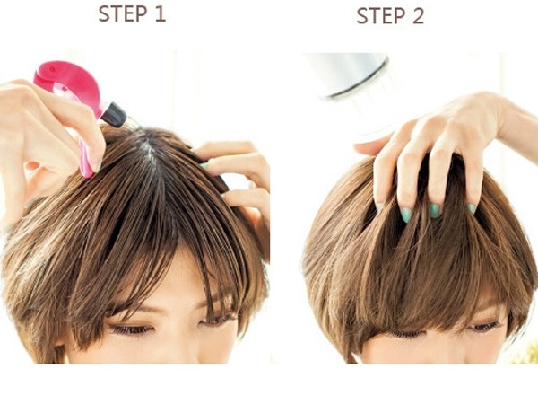 点击大图看下一张：修剪步骤：step 1:在发线上喷上水，让发线周围的头发变柔软。step 2：用吹风筒将头发吹干，注意用手抓乱发线。