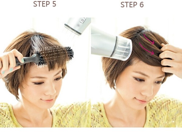 点击大图看下一张：step 5：用吹风筒与圆梳将头发稍微吹内扣。step 6：用手将头发往往左侧抓，让原来的发线没有那么的死板。