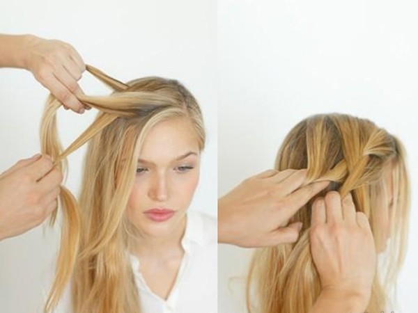 点击大图看下一张：1.把头发打理好后梳成侧分。2.然后在发量多的右侧靠近发际线的位置挑出一缕头发，分成三份。