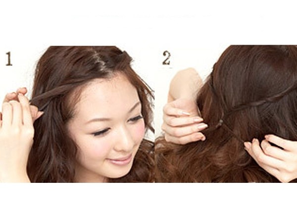 点击大图看下一张：扎法step 1：左右刘海各取两小束头发进行扭转。step 2：将扭转发束用小橡皮筋固定在脑后就完成这款中分扎发。