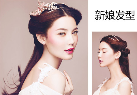 点击大图看下一张：韩式新娘发型四：中分的半扎公主头，优雅大气，搭配上粉色发箍提升发型甜美感。