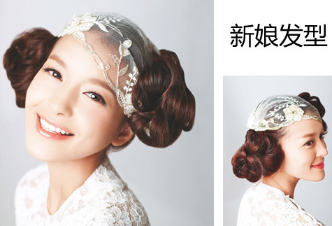点击大图看下一张：韩式新娘发型六：头发分成两部分，进行编发然后再两边卷曲高低发髻搭配上简约的蕾丝彰显个性又不是甜美。