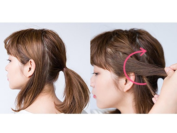点击大图看下一张：step1：在左右两侧各留出一束头发后绑成马尾。step2：将留出的头发扭转成发辫。