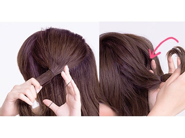 点击大图看下一张：step1：沿着刘海在头顶取出一束头发绑成马尾。step2：将马尾穿插过来。