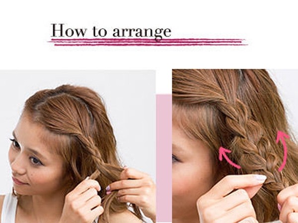 点击大图看下一张：扎发步骤step1：取出前额的刘海编成辫子。step2：将辫子拉扯出蓬松感。