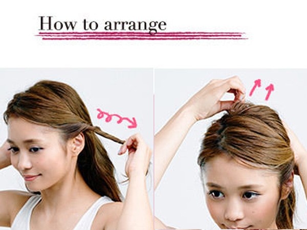 点击大图看下一张：扎发步骤step1：取出前额的刘海扭转成发辫。step2：束拢成马尾后将头顶的头发拉扯蓬松。
