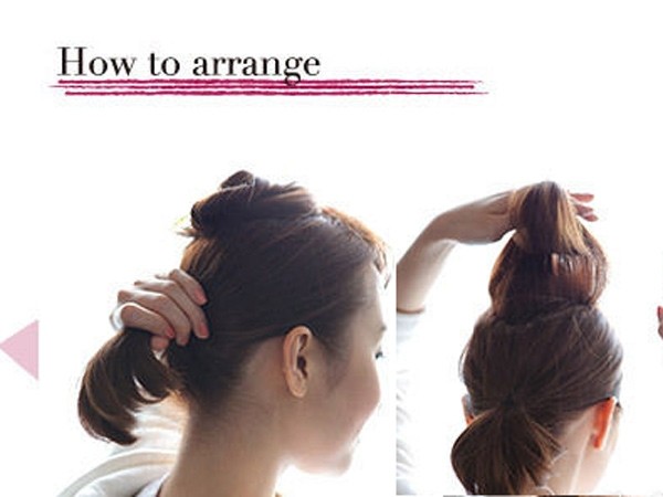 点击大图看下一张：扎发步骤step1：留出头顶的头发将脑后的头发绑成马尾。step2：取出头顶的头发喷上定型水。