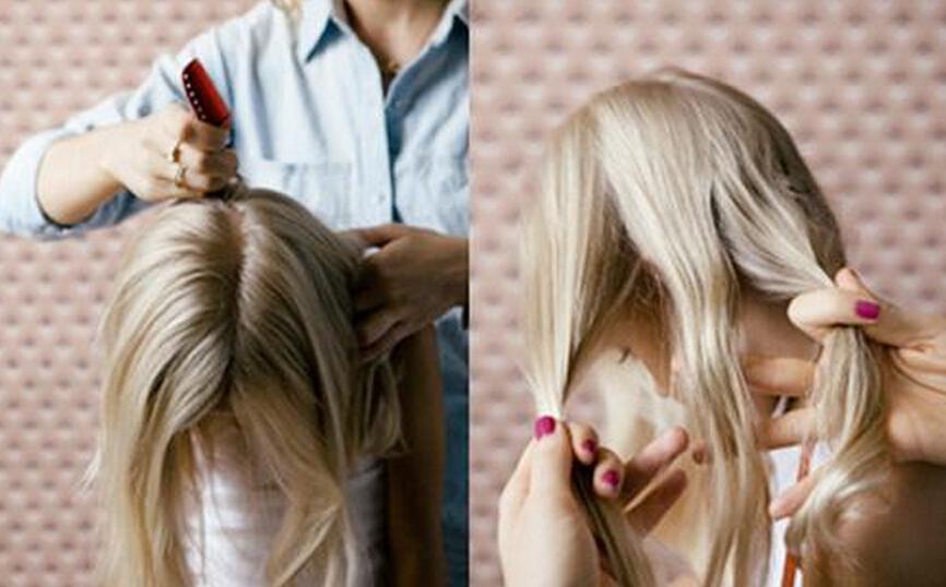 点击大图看下一张：步骤一：梳子将头发打理好，然后从中间分成两等部分头发。步骤二：将左边的头发分成三股。