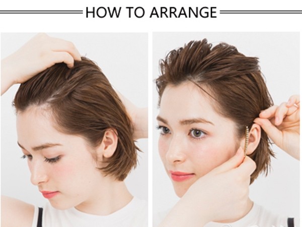 点击大图看下一张：step 3：用手将头发全部向后，稍微的往右侧一些。step 4：将发夹佩戴在左侧就完成了。