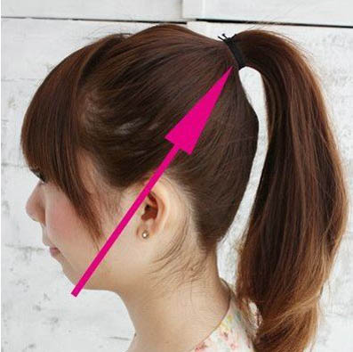 点击大图看下一张：Step1：首先按照常规的方法，把头发全部束起来，扎成高马尾，位置大概在耳朵的延长线上面。