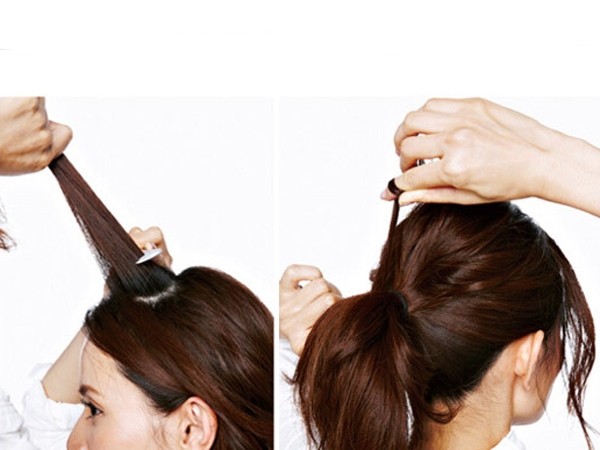 点击大图看下一张：step1：从头顶取出一束头发用密齿梳打毛。step2：将头发绑成马尾后用一束头发缠绕橡皮筋。