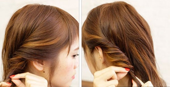 点击大图看下一张：step1：取出右侧的头发扭转成辫子。step2：左侧的头发也按照同样方法扭转成辫子。