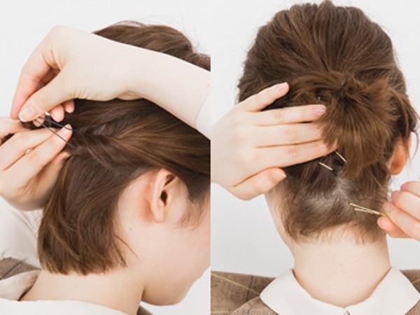 点击大图看下一张：step 3：将旁边的头发进行扭转，并用黑色小发卡固定在辫子下方。另一侧进行同样的步骤。step 4：然后将下面剩余的头发用小发卡向上固定，然后佩戴上准备好的发饰就完成。