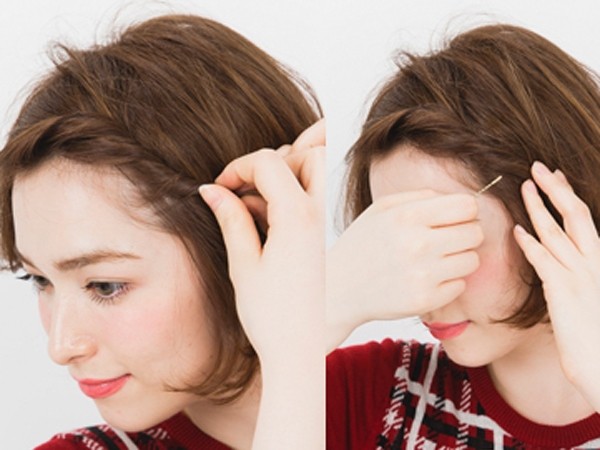 点击大图看下一张：step 1：在刘海处取一小束头发进行扭转。step 2：在用小发卡固定扭转发束，再配上另外两个发卡。