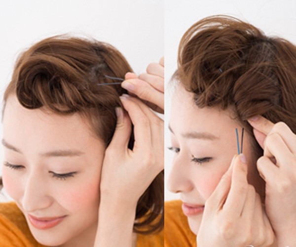 点击大图看下一张：step 4：用黑色发卡固定扭转发束。step 5：再从旁边取向前扭转遮盖扭转发束，用黑色发卡固定。