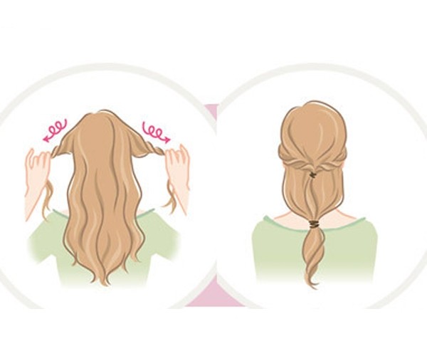 点击大图看下一张：step1：取出前额左右两侧的头发分别扭转成发辫。step2：将发辫在脑后固定在一起，剩下的头发也绑成马尾。