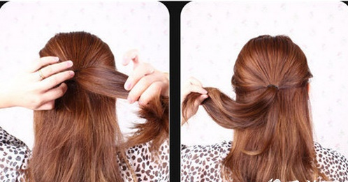 点击大图看下一张：第一步：首先将头发打理干净，然后将头发分成两部分，将上半部分的头发用皮筋邦成一个马尾辫。