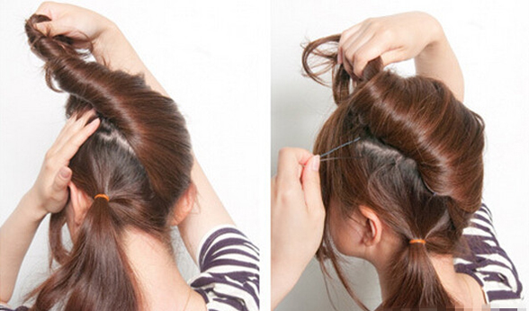 点击大图看下一张：第三步：将上面的头发扭转，用发色发夹固定。