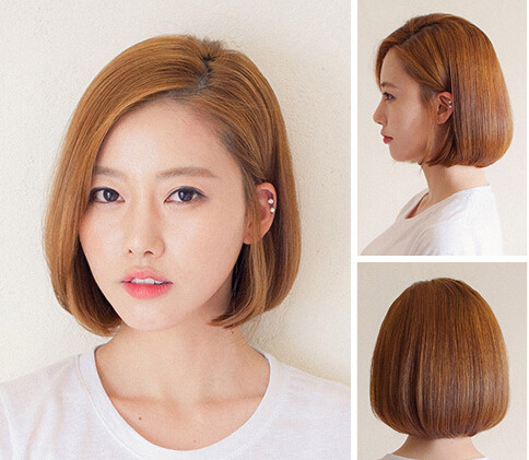 点击大图看下一张：韩国妹子流行发型4：侧分内扣波波头干净利落，鲜色染发个性潮流，适合皮肤白嫩的女生。
