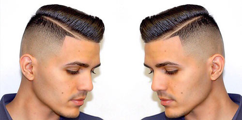 点击大图看下一张：一个最常见的发型，带锥度的褪色比其他短发发型是秃顶的男人的风格。高褪色逐渐下降到两侧周围的皮肤。公共部分和直角线添加几何定义。最后，在顶部的长头发梳理完头发有光泽的产品。