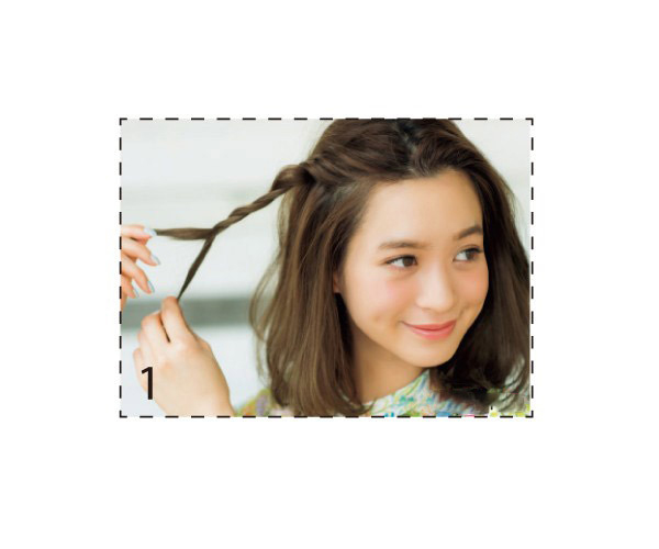 点击大图看下一张：step 1：中短发中分，发线凌乱。在刘海两边取两小束头发分成两束进行交叉扭转。