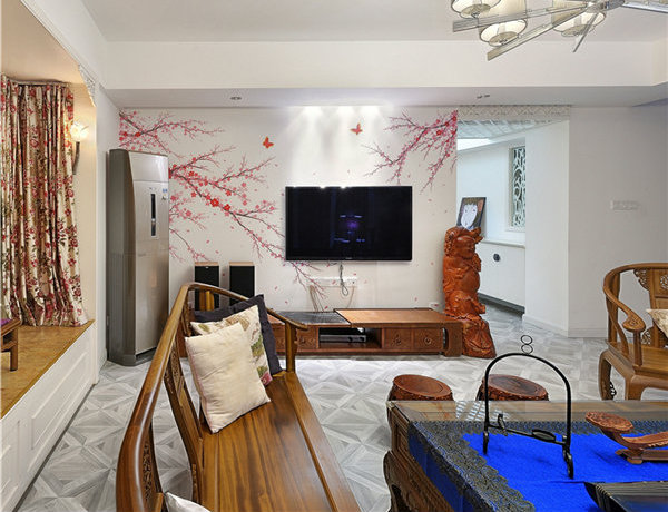 点击大图看下一张：曲径通幽新中式三室两厅设计案例