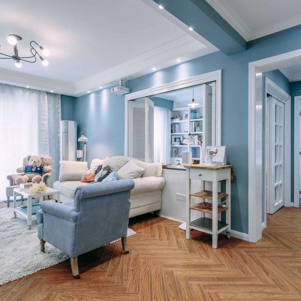 点击大图看下一张：北欧风格蓝色清爽二居室设计效果图